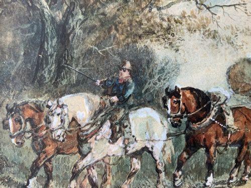 fig 6. A 19th-century watercolour painting depicting draft horses pulling a timber cart along a dirt path, enclosed in a carved gilt wood frame.