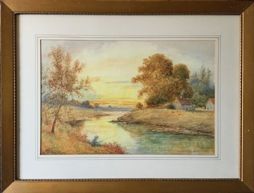 SUNSET ANTIQUE WATERCOLOUR PAINTING FISHING ON THE NORTH TYNE SIGNED ORIGINAL