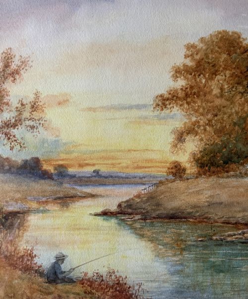 SUNSET ANTIQUE WATERCOLOUR PAINTING FISHING ON THE NORTH TYNE SIGNED ORIGINAL - ADDITIONAL PHOTO 3