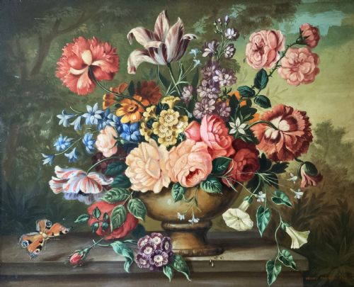 fig 2. Antique Still Life Oil Painting Flowers & Butterfly By Henry Farmer (1868-1934)