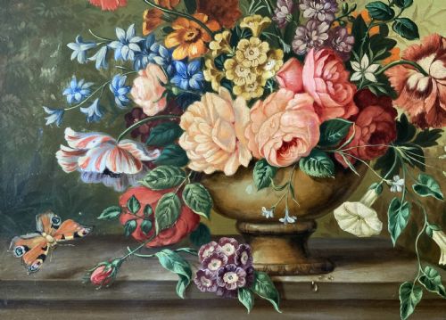 fig 3. Antique Still Life Oil Painting Flowers & Butterfly By Henry Farmer (1868-1934)