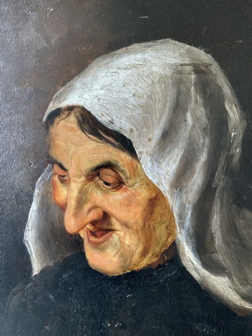 ANTIQUE OIL PORTRAIT PAINTING OF A PEASANT LADY 19THCENTURY EUROPEAN SCHOOL - ADDITIONAL PHOTO 3