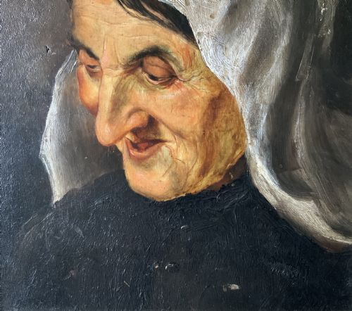 ANTIQUE OIL PORTRAIT PAINTING OF A PEASANT LADY 19THCENTURY EUROPEAN SCHOOL - ADDITIONAL PHOTO 6