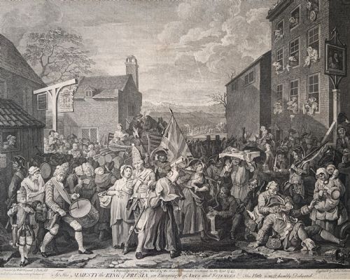 fig 1. An 18th-century black and white satirical engraving depicting a crowded street scene with soldiers, housed in a black and gold frame with a cream mount.