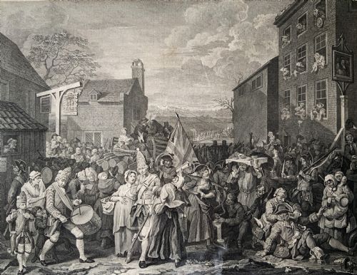 fig 2. An 18th-century black and white satirical engraving depicting a crowded street scene with soldiers, housed in a black and gold frame with a cream mount.