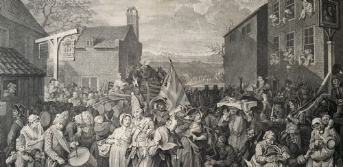 fig 3. An 18th-century black and white satirical engraving depicting a crowded street scene with soldiers, housed in a black and gold frame with a cream mount.