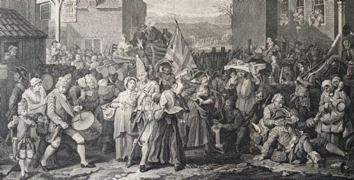 fig 4. An 18th-century black and white satirical engraving depicting a crowded street scene with soldiers, housed in a black and gold frame with a cream mount.