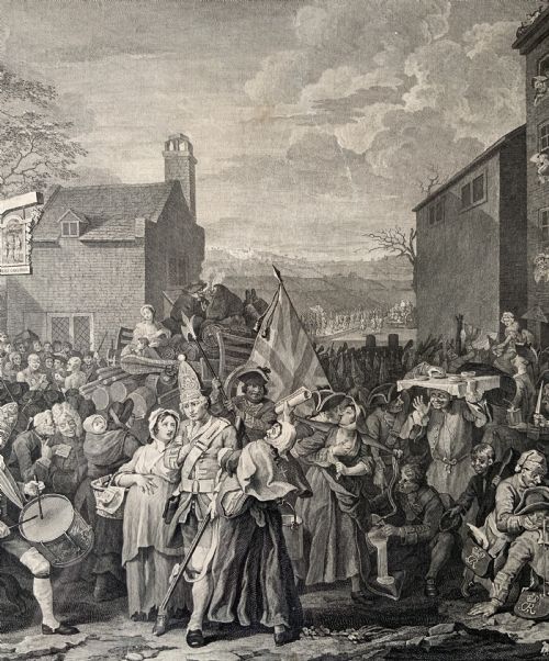 fig 7. An 18th-century black and white satirical engraving depicting a crowded street scene with soldiers, housed in a black and gold frame with a cream mount.