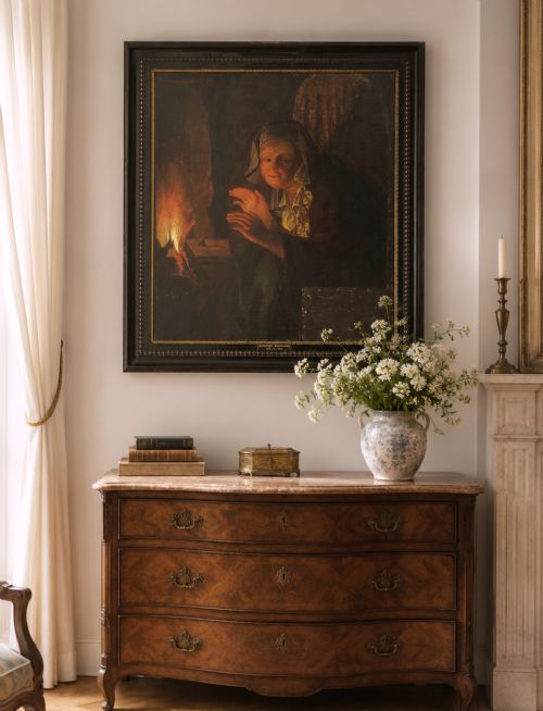fig 3. A framed oil painting depicting a woman in historic dress warming her hands beside a glowing fire in a darkened interior.