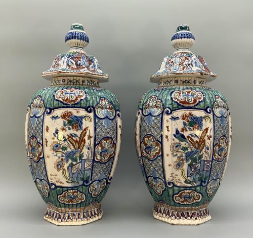 Huge Pair C. 1800 Dutch Delft Polychrome Chinoiserie Ribbed Vases Vase