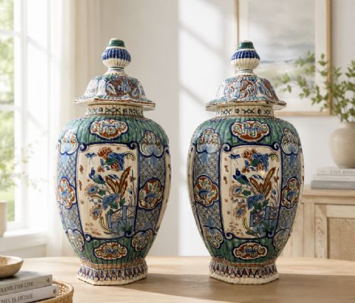 fig 1. Huge Pair c. 1800 Dutch Delft Polychrome Chinoiserie Ribbed Vases Vase