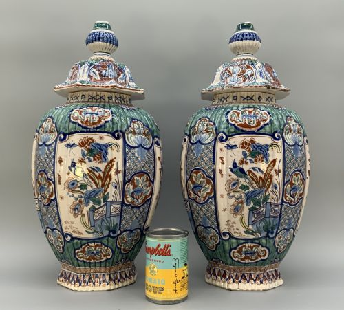 fig 2. Huge Pair c. 1800 Dutch Delft Polychrome Chinoiserie Ribbed Vases Vase
