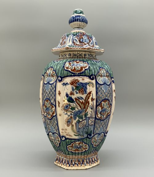 fig 3. Huge Pair c. 1800 Dutch Delft Polychrome Chinoiserie Ribbed Vases Vase