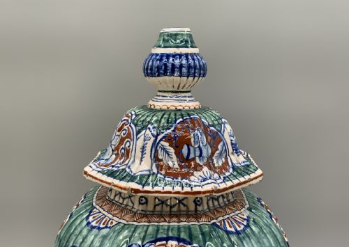 fig 4. Huge Pair c. 1800 Dutch Delft Polychrome Chinoiserie Ribbed Vases Vase