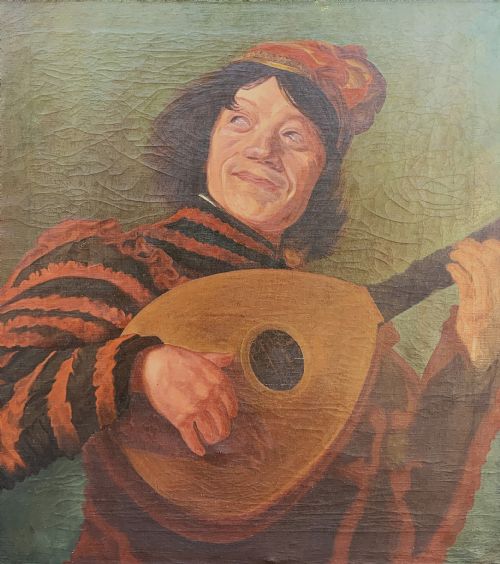 fig 1. An oil painting on canvas depicting a seated musician playing a lute in a red and black striped tunic against an olive green background, housed within a dark carved frame.