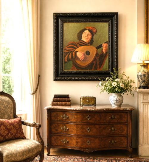 fig 2. An oil painting on canvas depicting a seated musician playing a lute in a red and black striped tunic against an olive green background, housed within a dark carved frame.