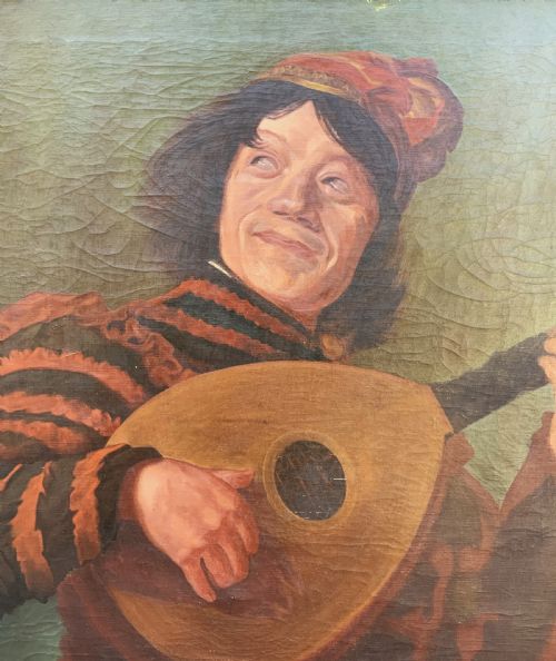 fig 3. An oil painting on canvas depicting a seated musician playing a lute in a red and black striped tunic against an olive green background, housed within a dark carved frame.