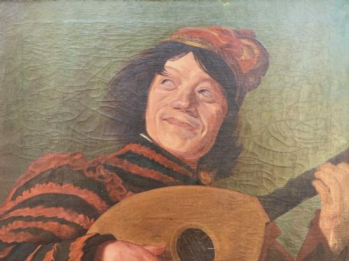 fig 5. An oil painting on canvas depicting a seated musician playing a lute in a red and black striped tunic against an olive green background, housed within a dark carved frame.