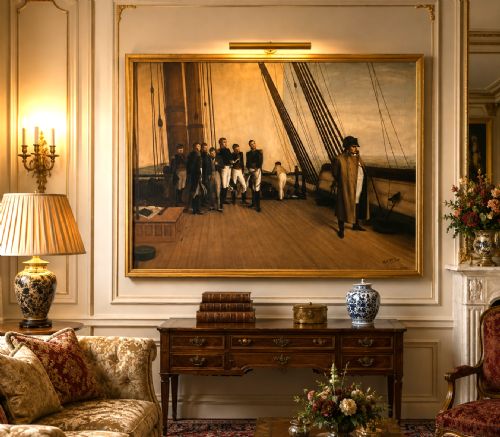 fig 1. A large horizontal oil painting depicting Napoleon Bonaparte standing on a wooden ship deck surrounded by naval staff.