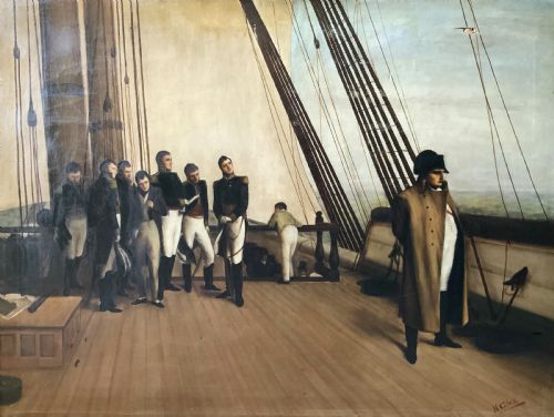 fig 3. A large horizontal oil painting depicting Napoleon Bonaparte standing on a wooden ship deck surrounded by naval staff.