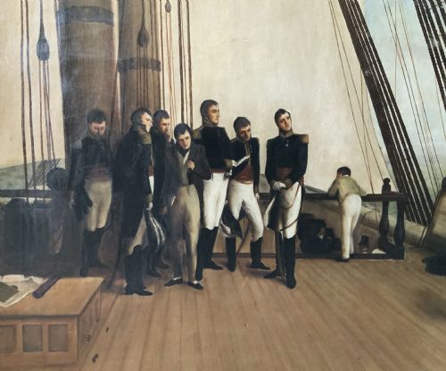 fig 5. A large horizontal oil painting depicting Napoleon Bonaparte standing on a wooden ship deck surrounded by naval staff.