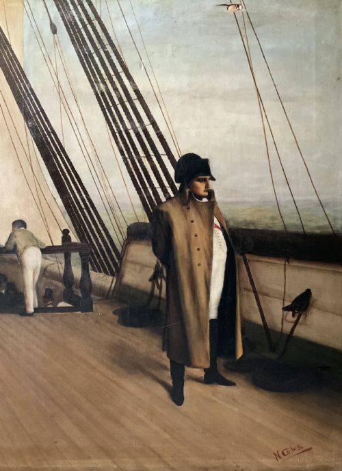 fig 6. A large horizontal oil painting depicting Napoleon Bonaparte standing on a wooden ship deck surrounded by naval staff.