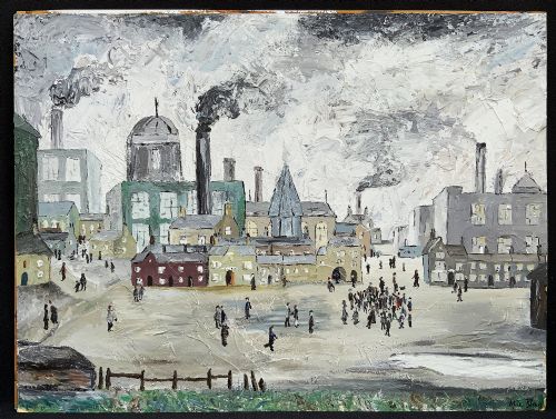 Northern Townscape Oil Painting Vintage Antique Industrial Manner of Fred Yates