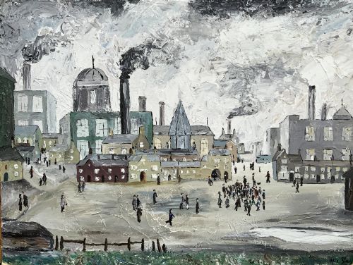 fig 1. An impasto oil painting on board depicting a Northern English industrial townscape with smoking factory chimneys, terraced houses, and small figures.