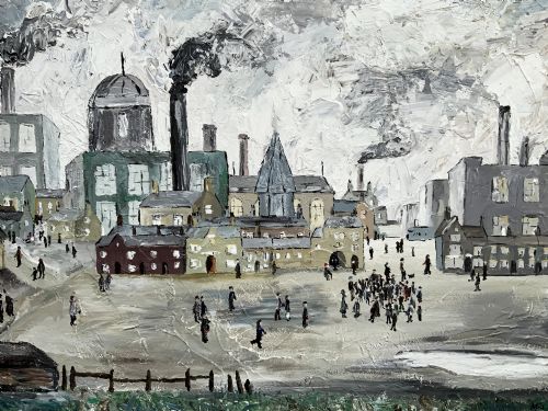 fig 2. An impasto oil painting on board depicting a Northern English industrial townscape with smoking factory chimneys, terraced houses, and small figures.