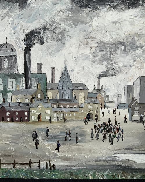 fig 5. An impasto oil painting on board depicting a Northern English industrial townscape with smoking factory chimneys, terraced houses, and small figures.