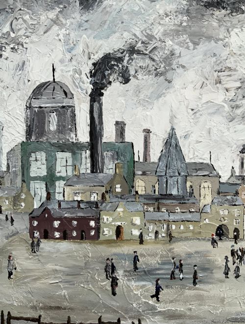 fig 6. An impasto oil painting on board depicting a Northern English industrial townscape with smoking factory chimneys, terraced houses, and small figures.