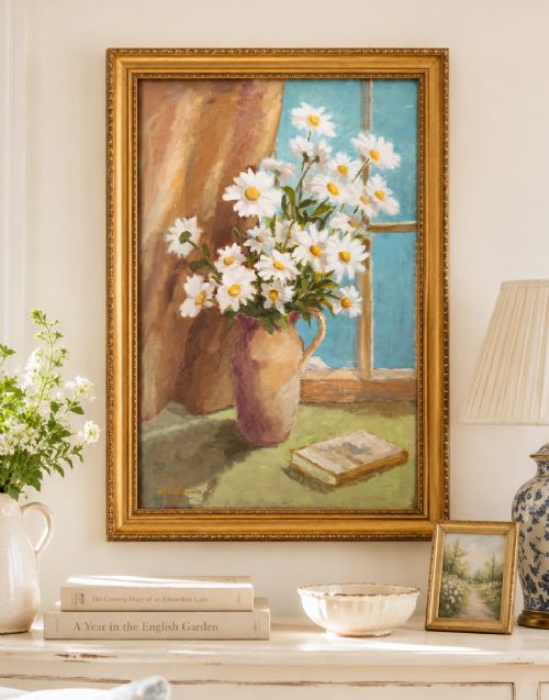 VINTAGE IMPRESSIONIST STILL LIFE OIL PAINTING DAISIES JUG FLORAL MIDCENTURY - ADDITIONAL PHOTO 1