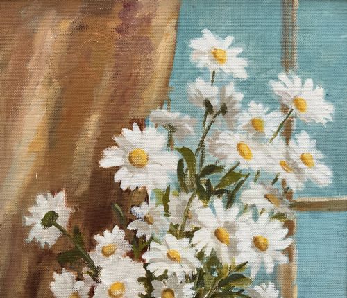 VINTAGE IMPRESSIONIST STILL LIFE OIL PAINTING DAISIES JUG FLORAL MIDCENTURY - ADDITIONAL PHOTO 4
