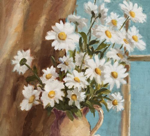 VINTAGE IMPRESSIONIST STILL LIFE OIL PAINTING DAISIES JUG FLORAL MIDCENTURY - ADDITIONAL PHOTO 5