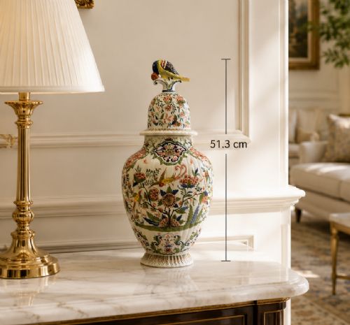 fig 1. Huge c. 1900 Dutch Delft Polychrome Parrot Vase Chinoiserie Ribbed Vases