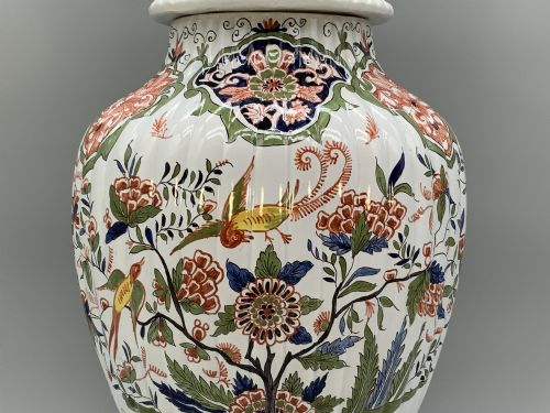 fig 5. Huge c. 1900 Dutch Delft Polychrome Parrot Vase Chinoiserie Ribbed Vases