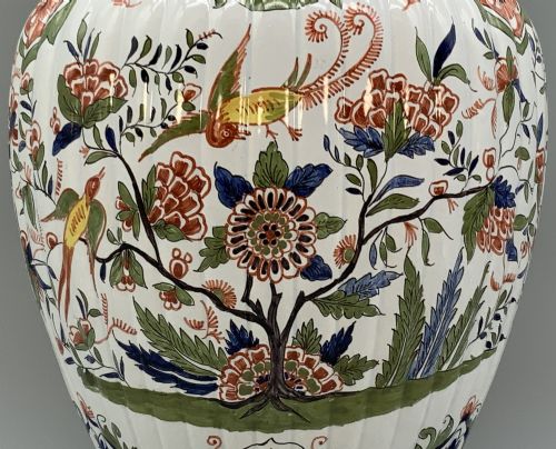 fig 6. Huge c. 1900 Dutch Delft Polychrome Parrot Vase Chinoiserie Ribbed Vases