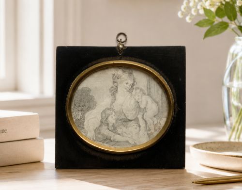 fig 1. 18th Century Georgian Miniature Pen and Ink Quartet Portrait Drawing Ebony Frame