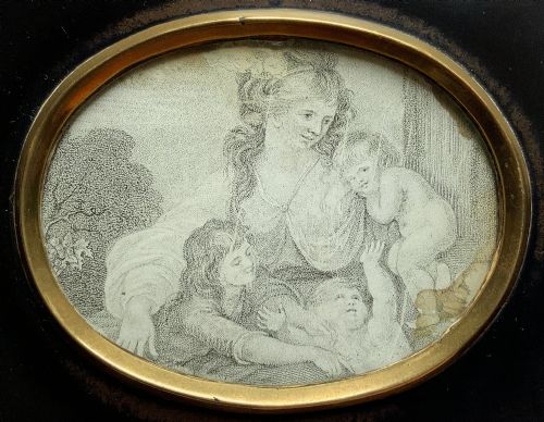 fig 2. 18th Century Georgian Miniature Pen and Ink Quartet Portrait Drawing Ebony Frame
