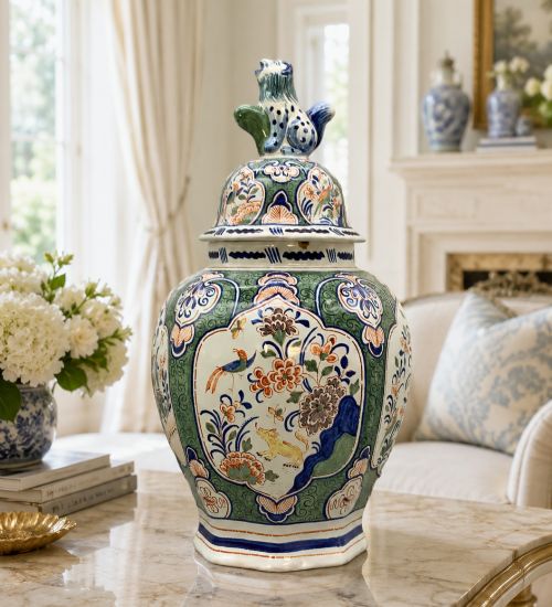 HUGE C 1800 DUTCH DELFT POLYCHROME PARROT AND LION VASE CHINOISERIE VASES - ADDITIONAL PHOTO 1