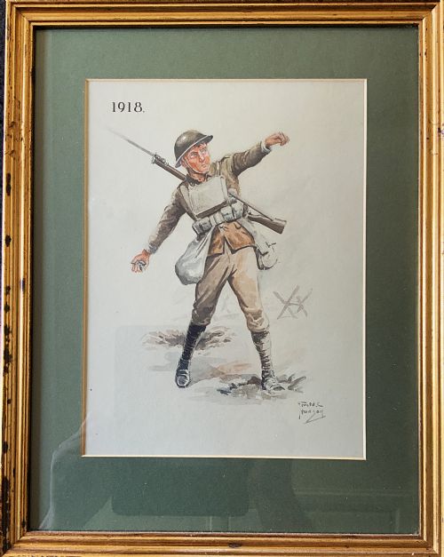 MILITARY PORTRAIT PAINTING 1 OF 4 WATERCOLOUR WASH 1918 BRITISH SOLDIER