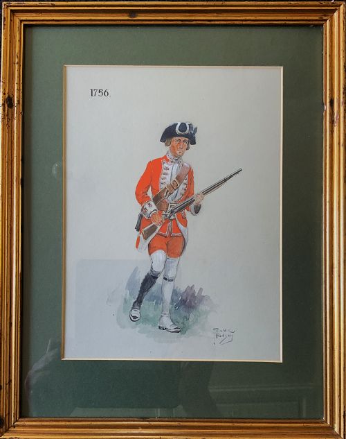 MILITARY PORTRAIT PAINTING 3 OF 4 WATERCOLOUR WASH OF A 1756 BRITISH SOLDIER