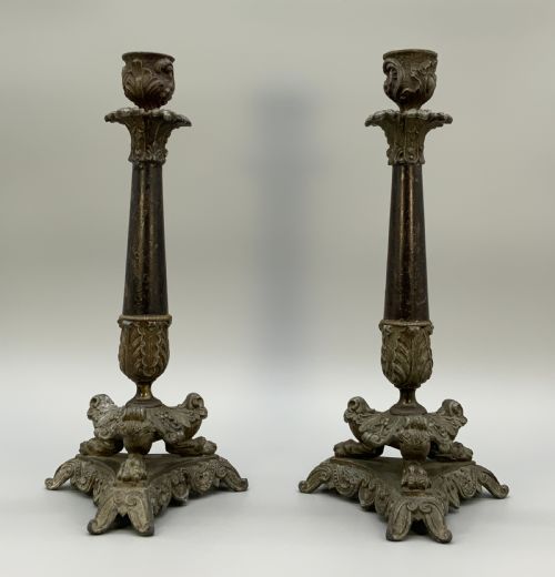 PAIR FRENCH EMPIRE CANDLESTICK HOLDERS 19THCENTURY ANTIQUE CAST METAL