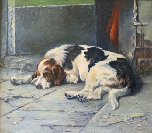 SUPERB OIL PORTRAIT PAINTING OF A FOXHOUND DOG 'AWAITING HIS MASTER' CIRCA 1930 - ADDITIONAL PHOTO 2