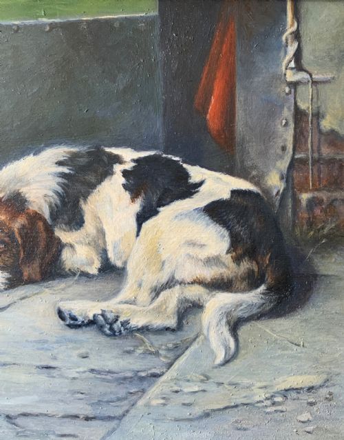 SUPERB OIL PORTRAIT PAINTING OF A FOXHOUND DOG 'AWAITING HIS MASTER' CIRCA 1930 - ADDITIONAL PHOTO 4