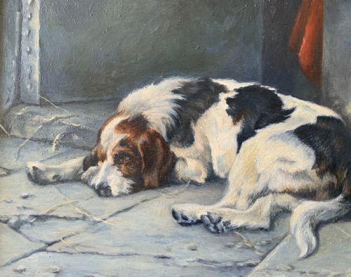 SUPERB OIL PORTRAIT PAINTING OF A FOXHOUND DOG 'AWAITING HIS MASTER' CIRCA 1930 - ADDITIONAL PHOTO 5