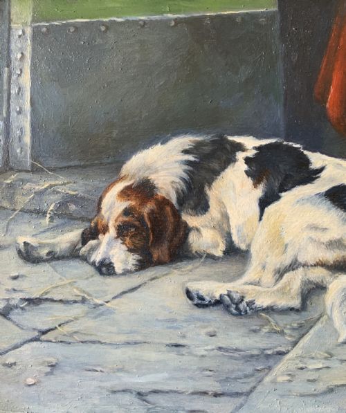 SUPERB OIL PORTRAIT PAINTING OF A FOXHOUND DOG 'AWAITING HIS MASTER' CIRCA 1930 - ADDITIONAL PHOTO 6