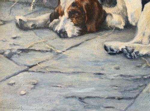 SUPERB OIL PORTRAIT PAINTING OF A FOXHOUND DOG 'AWAITING HIS MASTER' CIRCA 1930 - ADDITIONAL PHOTO 8