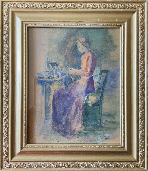 THE SEAMSTRESS WATERCOLOUR PORTRAIT PAINTING 1950 MIDCENTURY IMPRESSIONIST