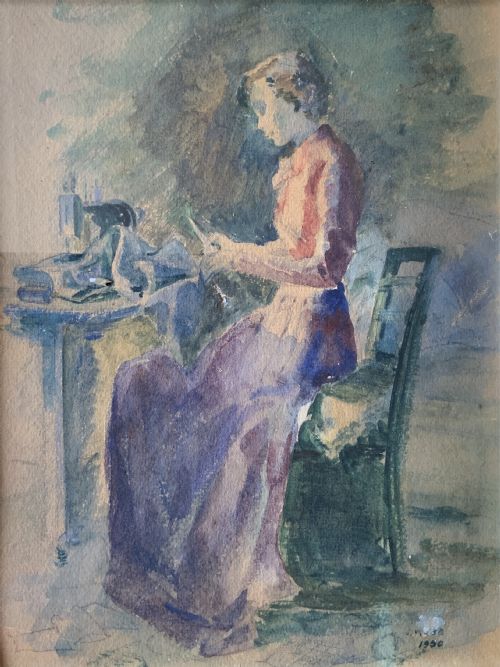 THE SEAMSTRESS WATERCOLOUR PORTRAIT PAINTING 1950 MIDCENTURY IMPRESSIONIST - ADDITIONAL PHOTO 2
